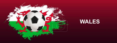 Illustration for Wales Flag with Ball. Soccer ball on the red background with the flag of Wales . Vector illustration for banner and poster. - Royalty Free Image