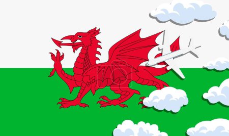 Illustration for Wales travel concept. Airplane with clouds on the background of the flag of Wales. Vector illustration. - Royalty Free Image