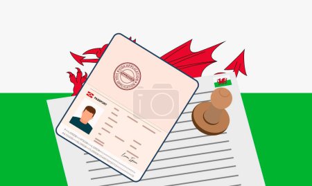 Illustration for Wales visa, open stamped passport with visa-approved document for border crossing. Immigration visa concept. Background with Wales flag. vector illustration - Royalty Free Image