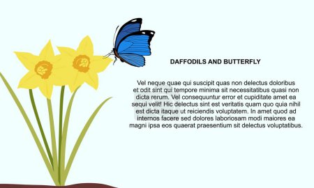 Téléchargez les illustrations : Yellow daffodils flowers with a blue butterfly on blue background - en licence libre de droit
