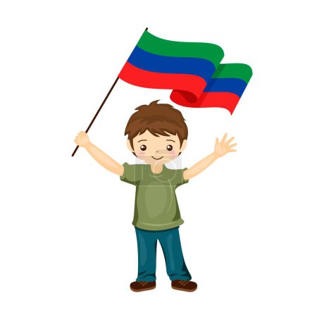Illustration for Boy with the flag of Dagestan, a beautiful little child holds the flag of Dagestan in his hand in flat style. vector illustration - Royalty Free Image