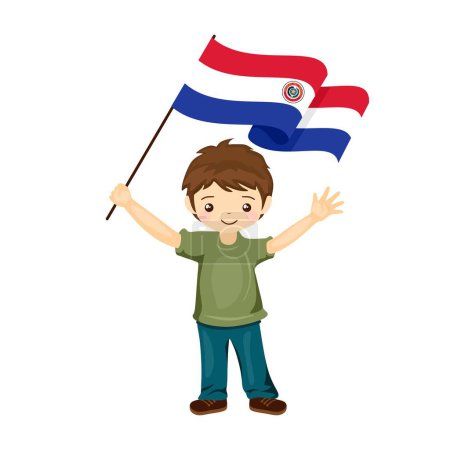 Illustration for Boy with the flag of Paraguay, a beautiful little child holds the flag of Paraguay in his hand in flat style. vector illustration - Royalty Free Image
