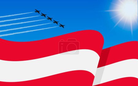 Illustration for Flag of Austria and a fighter plane formation flying in the sky. 26th October Independence day Austria. Military aviation in the blue sky. Vector illustration - Royalty Free Image