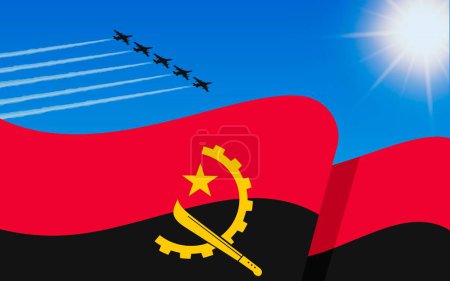 Ilustración de Bandera de Angola y una formación de aviones de combate que vuelan en el cielo. Día de la Independencia Angola. Aviación militar en el cielo azul. Ilustración vectorial - Imagen libre de derechos