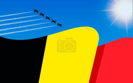 Illustration for Flag of Belgium and a fighter plane formation flying in the sky. Independence day Belgium. Military aviation in the blue sky. Vector illustration - Royalty Free Image
