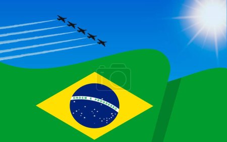 Ilustración de Bandera de Brasil y una formación de aviones de combate que vuelan en el cielo. Día de la Independencia Brasil. Aviación militar en el cielo azul. Ilustración vectorial - Imagen libre de derechos