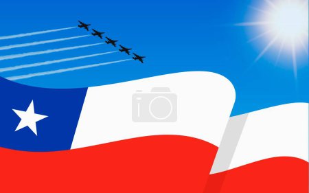 Illustration for Flag of Chile and a fighter plane formation flying in the sky. 18th September independence day Chile. Military aviation in the blue sky. Vector illustration - Royalty Free Image