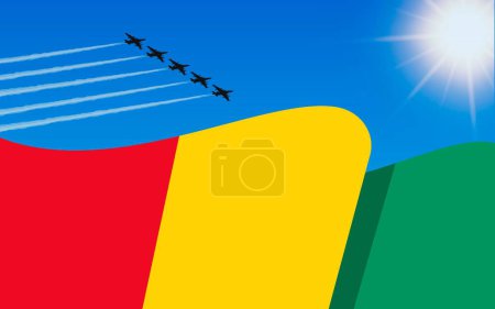 Illustration for Flag of Guinea and a fighter plane formation flying in the sky. 2th October Independence day Guinea. Military aviation in the blue sky. Vector illustration - Royalty Free Image