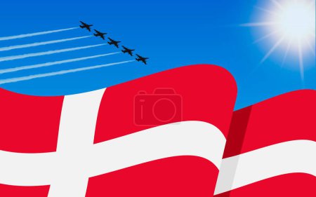 Illustration for Flag of Denmark and a fighter plane formation flying in the sky. 6th December Independence day Denmark. Military aviation in the blue sky. Vector illustration - Royalty Free Image