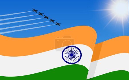 Ilustración de Bandera de la India y una formación de aviones de combate que vuelan en el cielo. 15 de agosto Día de la Independencia India. Aviación militar en el cielo azul. Ilustración vectorial - Imagen libre de derechos