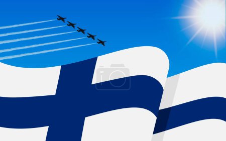 Illustration for Flag of Finland and a fighter plane formation flying in the sky. Independence day Finland. Military aviation in the blue sky. Vector illustration - Royalty Free Image