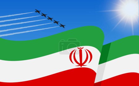 Illustration for Flag of Iran and a fighter plane formation flying in the sky. Independence day Iran. Military aviation in the blue sky. Vector illustration - Royalty Free Image