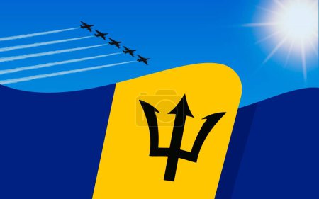 Illustration for Flag of Barbados and a fighter plane formation flying in the sky. 30th November Independence day Barbados. Military aviation in the blue sky. Vector illustration - Royalty Free Image