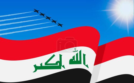 Illustration for Flag of Iraq and a fighter plane formation flying in the sky. Independence day Iraq. Military aviation in the blue sky. Vector illustration - Royalty Free Image