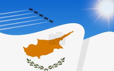 Illustration for Flag of Cyprus and a fighter plane formation flying in the sky. Independence day Cyprus. Military aviation in the blue sky. Vector illustration - Royalty Free Image