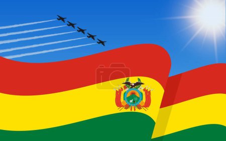 Illustration for Flag of Bolivia and a fighter plane formation flying in the sky. 6th August Independence day Bolivia. Military aviation in the blue sky. Vector illustration - Royalty Free Image