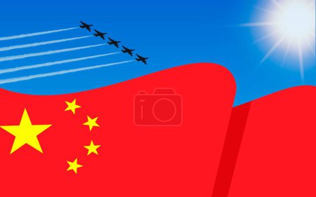Illustration for Flag of China and a fighter plane formation flying in the sky. Independence day China. Military aviation in the blue sky. Vector illustration - Royalty Free Image