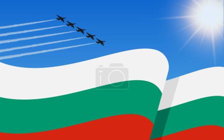 Illustration for Flag of Bulgaria and a fighter plane formation flying in the sky. 22th September Independence day Bulgaria. Military aviation in the blue sky. Vector illustration - Royalty Free Image