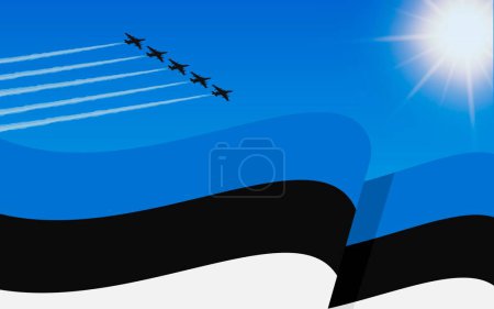 Illustration for Flag of Estonia and a fighter plane formation flying in the sky. Independence day Estonia. Military aviation in the blue sky. Vector illustration - Royalty Free Image