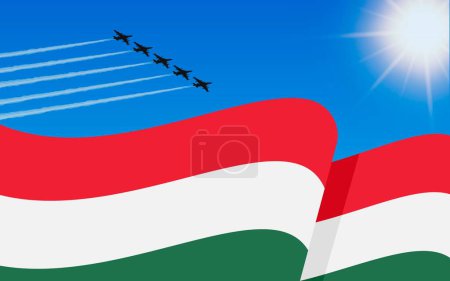 Illustration for Flag of Hungary and a fighter plane formation flying in the sky. Independence day Hungary. Military aviation in the blue sky. Vector illustration - Royalty Free Image