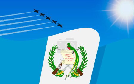 Illustration for Flag of Guatemala and a fighter plane formation flying in the sky. 15th September Independence day Guatemala. Military aviation in the blue sky. Vector illustration - Royalty Free Image