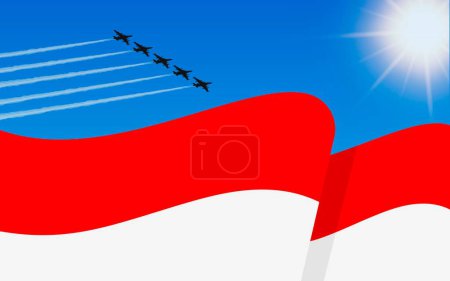 Ilustración de Bandera de Indonesia y una formación de aviones de combate que vuelan en el cielo. Día de la Independencia Indonesia. Aviación militar en el cielo azul. Ilustración vectorial - Imagen libre de derechos