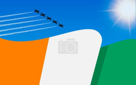 Illustration for Flag of Ivory Coast and a fighter plane formation flying in the sky. 7th August Independence day Ivory Coast. Military aviation in the blue sky. Vector illustration. - Royalty Free Image