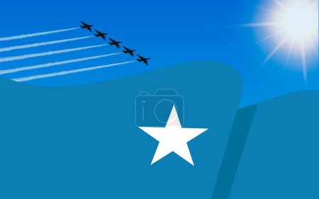 Téléchargez les illustrations : Drapeau de la Somalie et formation d'avions de chasse volant dans le ciel. 1er juillet Jour de l'indépendance Somalie. Aviation militaire dans le ciel bleu. Illustration vectorielle. - en licence libre de droit