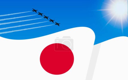 Illustration for Flag of Japan and a fighter plane formation flying in the sky. Independence day Japan. Military aviation in the blue sky. Vector illustration - Royalty Free Image