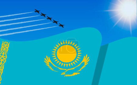 Illustration for Flag of Kazakhstan and a fighter plane formation flying in the sky. Independence day Kazakhstan. Military aviation in the blue sky. Vector illustration. - Royalty Free Image