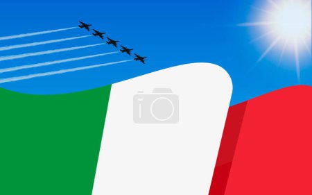 Illustration for Flag of Italy and a fighter plane formation flying in the sky. Independence day Italy. Military aviation in the blue sky. Vector illustration. - Royalty Free Image