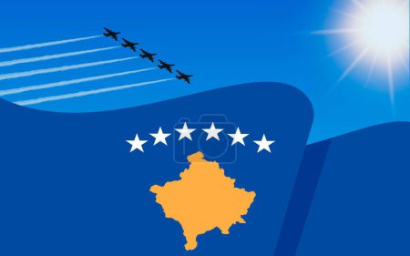 Illustration for Flag of Kosovo and a fighter plane formation flying in the sky. 17th February Independence day Kosovo. Military aviation in the blue sky. Vector illustration - Royalty Free Image