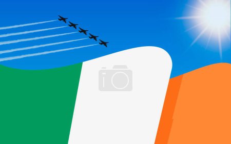 Illustration for Flag of Ireland and a fighter plane formation flying in the sky. Independence day Ireland. Military aviation in the blue sky. Vector illustration. - Royalty Free Image