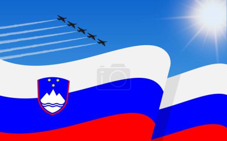 Ilustración de Bandera de Eslovenia y formación de un avión de combate volando en el cielo. Día de la Independencia Eslovenia. Aviación militar en el cielo azul. Ilustración vectorial - Imagen libre de derechos