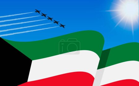 Flag of Kuwait and a fighter plane formation flying in the sky. Independence day Kuwait. Military aviation in the blue sky. Vector illustration.