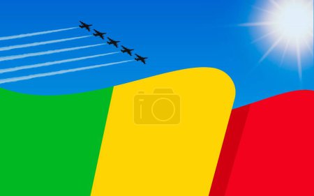 Illustration for Flag of Mali and a fighter plane formation flying in the sky. 22th September Independence day Mali. Military aviation in the blue sky. Vector illustration - Royalty Free Image