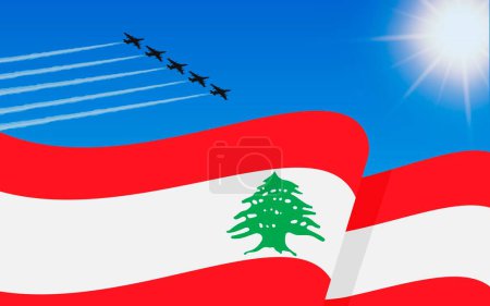 Illustration for Flag of Lebanon and a fighter plane formation flying in the sky. 22th November Independence day Lebanon. Military aviation in the blue sky. Vector illustration - Royalty Free Image