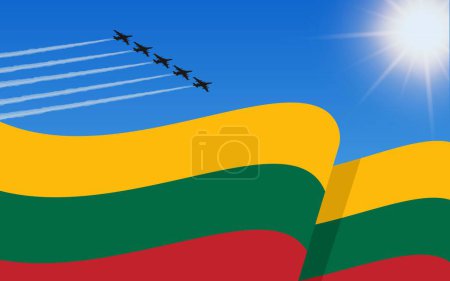 Téléchargez les illustrations : Drapeau de la Lituanie et formation d'avions de chasse volant dans le ciel. Jour de l'indépendance Lituanie. Aviation militaire dans le ciel bleu. Illustration vectorielle. - en licence libre de droit