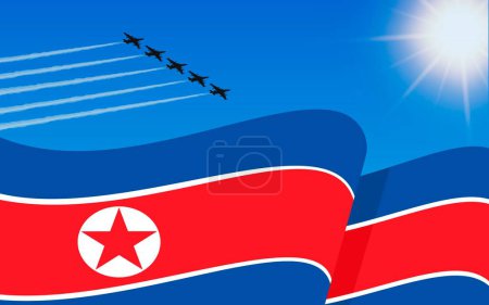 Illustration for Flag of North Korea and a fighter plane formation flying in the sky. 15th August Independence day North Korea. Military aviation in the blue sky. Vector illustration. - Royalty Free Image