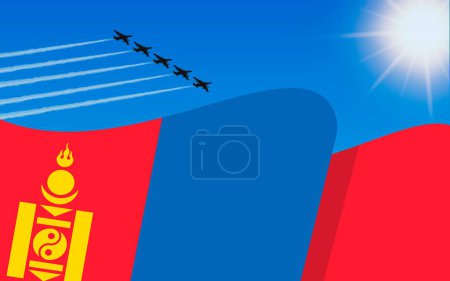 Illustration for Flag of Mongolia and a fighter plane formation flying in the sky. Independence day Mongolia. Military aviation in the blue sky. Vector illustration - Royalty Free Image