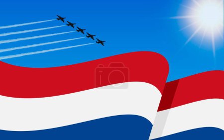 Illustration for Flag of Netherlands and a fighter plane formation flying in the sky. Independence day Netherlands. Military aviation in the blue sky. Vector illustration - Royalty Free Image