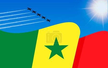 Illustration for Flag of Senegal and a fighter plane formation flying in the sky. 4th April Independence day Senegal. Military aviation in the blue sky. Vector illustration - Royalty Free Image