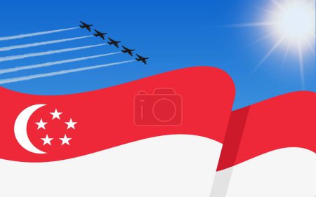 Ilustración de Bandera de Singapur y una formación de aviones de combate volando en el cielo. Día de la Independencia Singapur. Aviación militar en el cielo azul. Ilustración vectorial. - Imagen libre de derechos