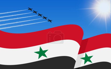 Illustration for Flag of Syria and a fighter plane formation flying in the sky. 17th April Independence day Syria. Military aviation in the blue sky. Vector illustration - Royalty Free Image