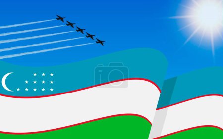 Illustration for Flag of Uzbekistan and a fighter plane formation flying in the sky. 1th September Independence day Uzbekistan. Military aviation in the blue sky. Vector illustration. - Royalty Free Image
