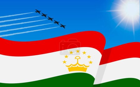 Illustration for Flag of Tajikistan and a fighter plane formation flying in the sky. 9th September Independence day Tajikistan. Military aviation in the blue sky. Vector illustration. - Royalty Free Image