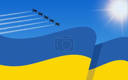 Photo for Flag of Ukraine and a fighter plane formation flying in the sky. Independence day Ukraine. Military aviation in the blue sky. Vector illustration. - Royalty Free Image