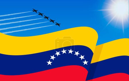 Ilustración de Bandera de Venezuela y formación de un avión de combate volando en el cielo. 5 de julio Día de la Independencia Venezuela. Aviación militar en el cielo azul. Ilustración vectorial - Imagen libre de derechos