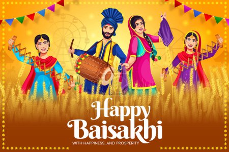 Illustration for Happy Baisakhi festival background banner template. Group of people doing the traditional Bhangra dance. Punjabi dancing characters vector illustration. - Royalty Free Image