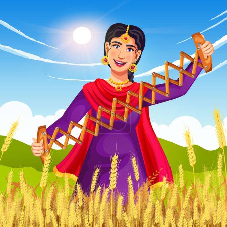 Illustration for Happy Baisakhi holiday background illustration for Punjab festival, giddha dancer performing with the Bhangra Scissor Saap. - Royalty Free Image